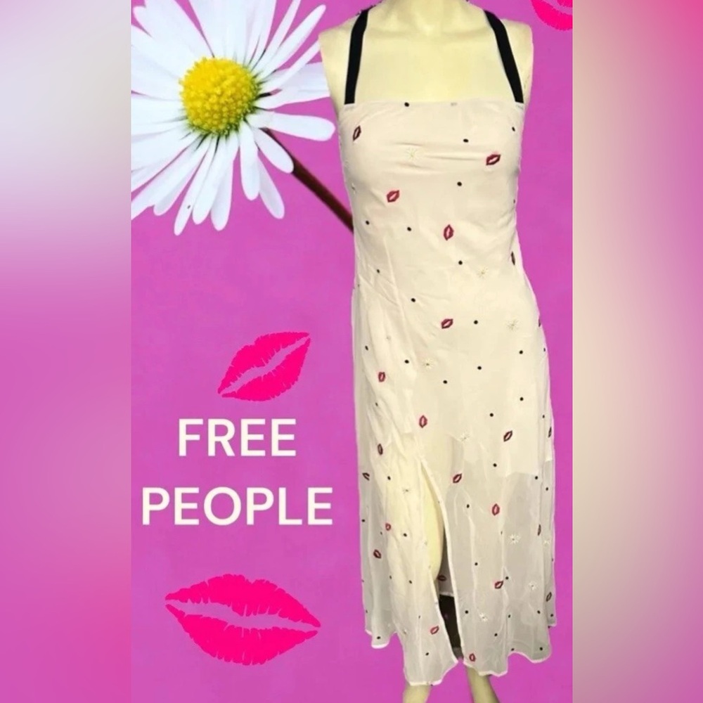 Free people Finders Keeper embroidered dress ivory lips floral strappy back $175